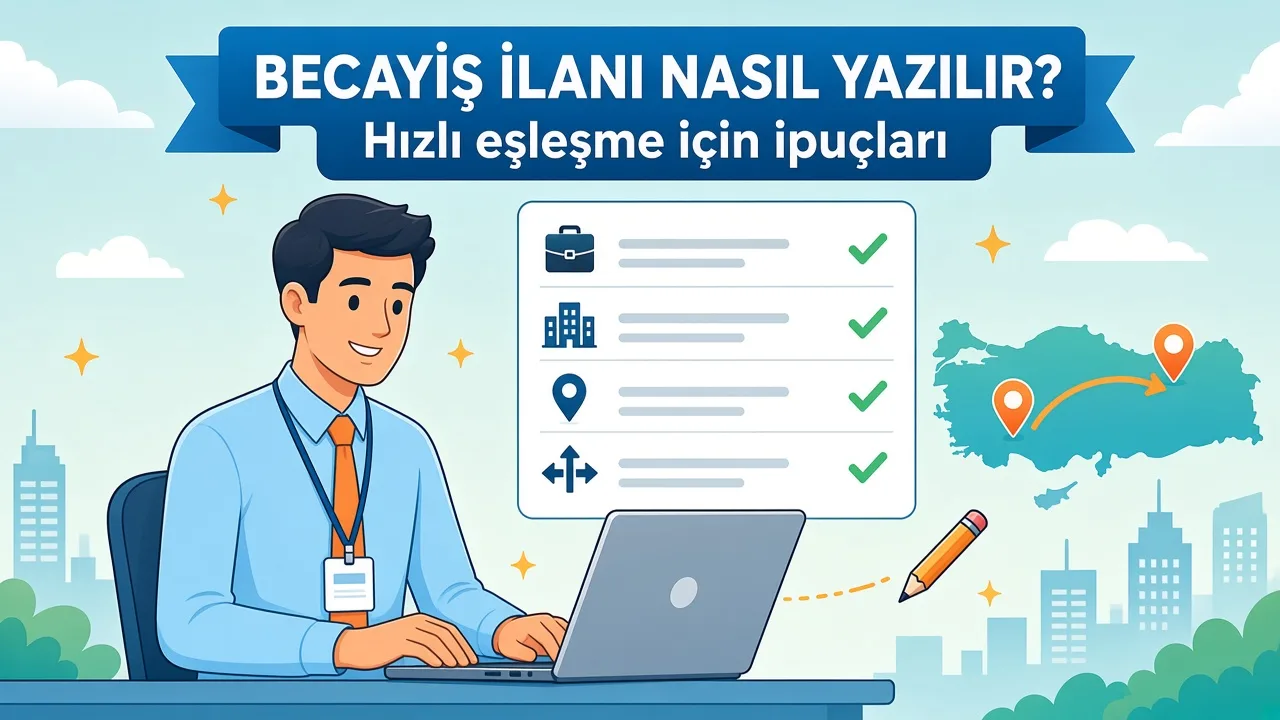 Becayiş ilanı yazan kamu personeli; unvan, kurum, şehir ve esneklik bilgilerinin işaretlendiği ilan formu