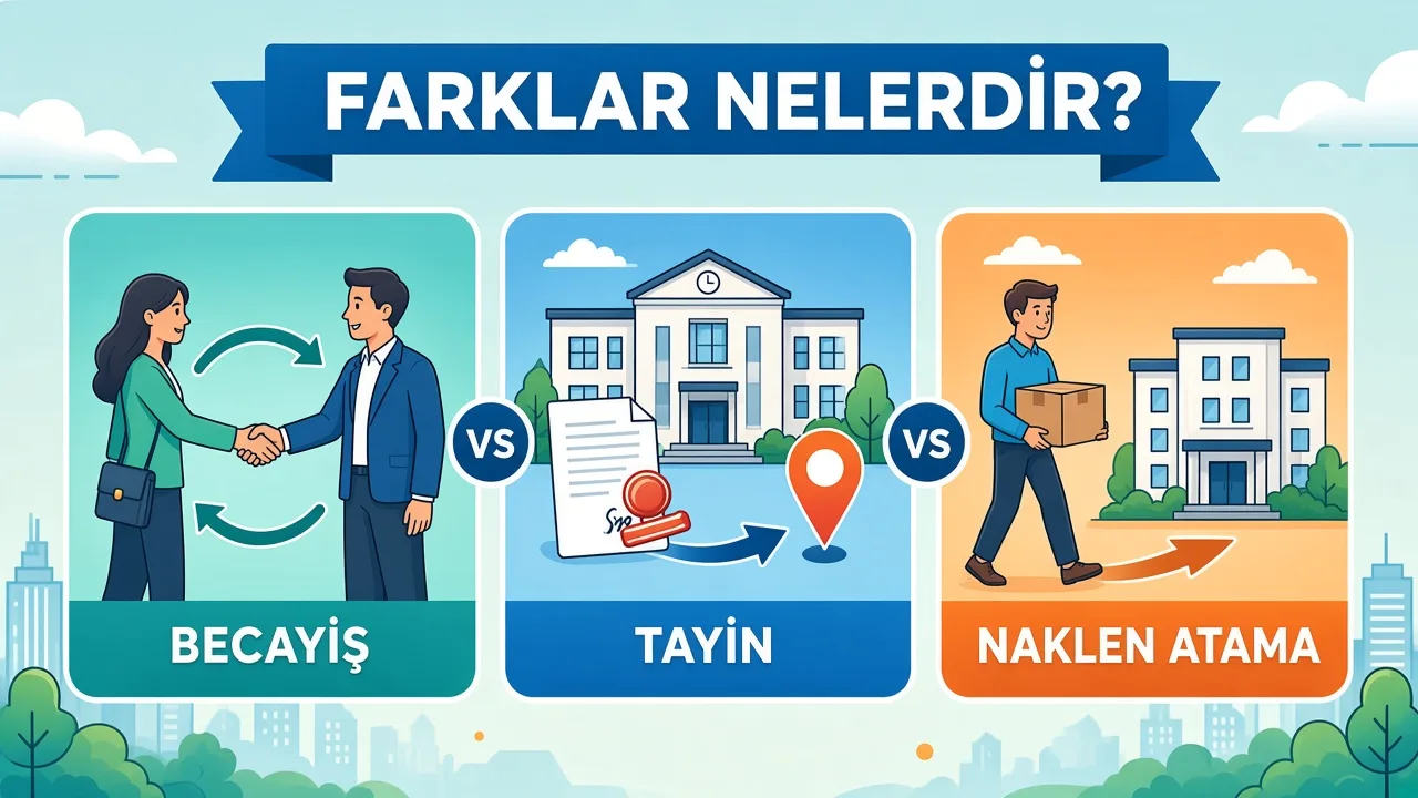 Becayiş, tayin ve naklen atama arasındaki farkları gösteren üç bölümlü karşılaştırma görseli