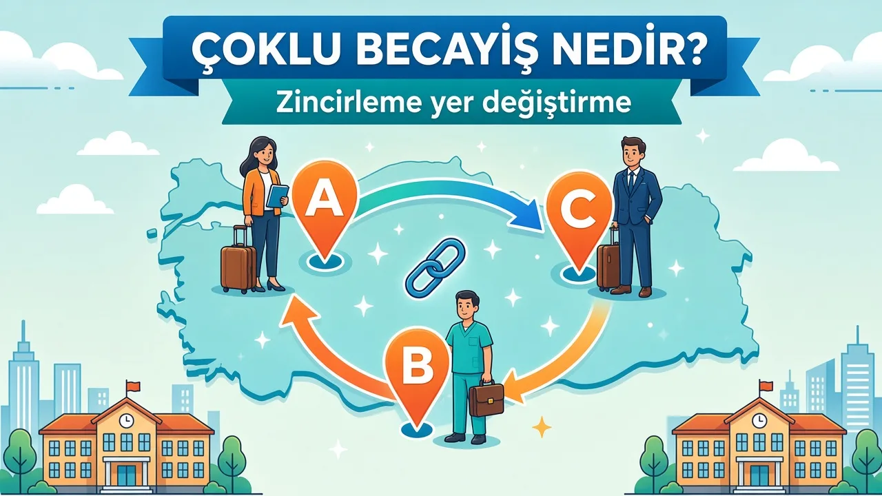 Çoklu becayiş: Türkiye haritası üzerinde A, B ve C şehirleri arasında döngü oluşturan üç kamu personeli